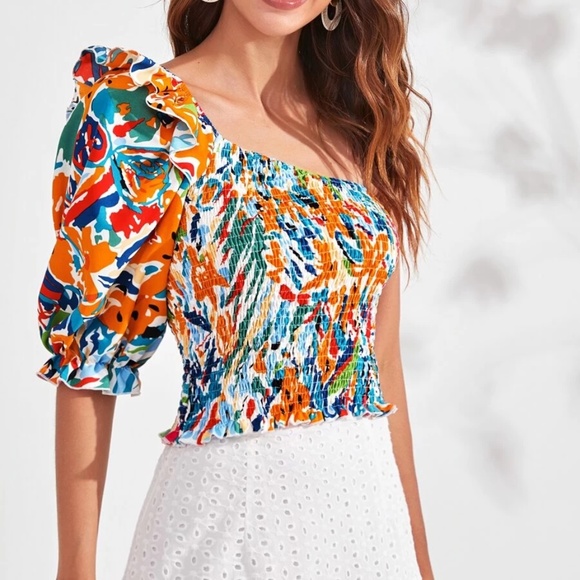 Boho Floral Print One Shoulder Crop Top - Picture 2 of 6